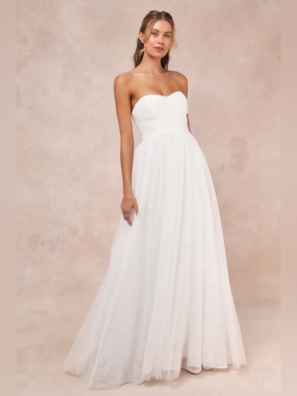 Lulus Blissful Forever White Tulle Lace Strapless Pleated Maxi Dress Size XS NWT